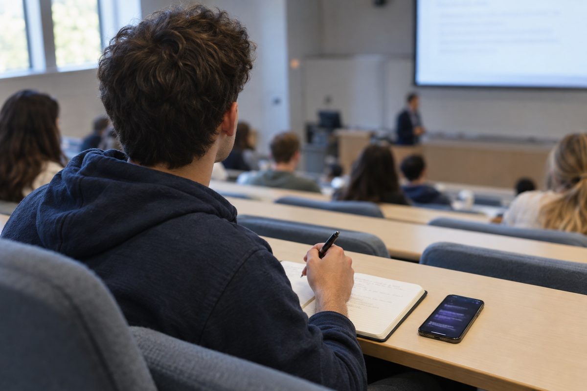 Ein Student im Hörsaal schreibt in ein Notizbuch, während sein Handy auf dem Tisch die Vorlesung als Text zeigt; vorne stehen der Dozent und die Folien.