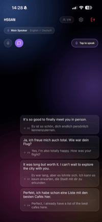 Conversational Mode screen showing a two-way translated conversation between English and German speakers