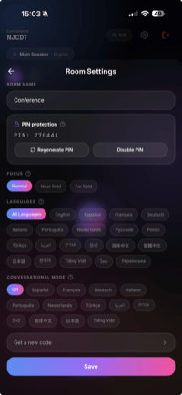 Room settings screen showing a grid of selectable languages and a PIN code for joining