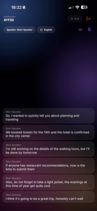 A listener's screen showing the speaker's words translated into their own language in real time