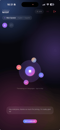 An active room screen showing the room code and live translation running to four languages at once