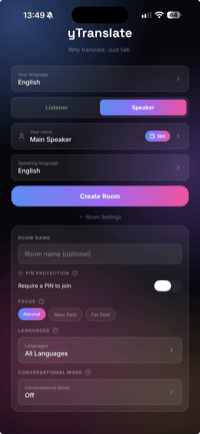 Room creation screen with language selection, speaker name, and a Create Room button